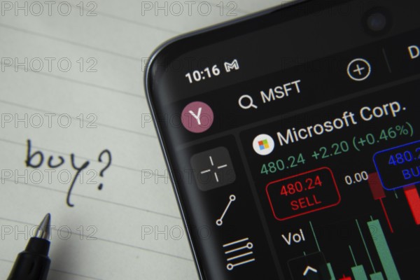Dhaka, Bangladesh- 20 June 2025: Microsoft corporation stock trading details displayed on smartphone with handwritten note
