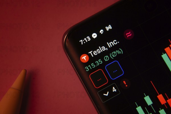 Dhaka, Bangladesh- 08 Sep 2025: Close-up of a phone screen showing Tesla Inc stock market data with a candlestick chart
