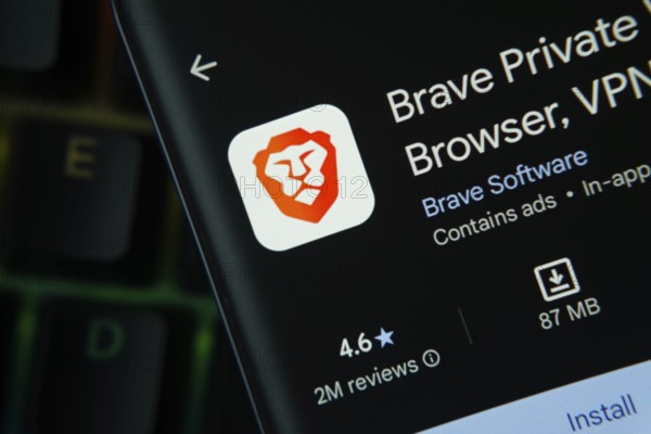 Dhaka, Bangladesh- 27 July 2025: Brave browser app from Google Playstore is displayed on a smartphone screen