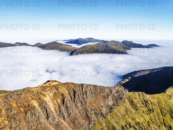 Snowdon Massif from a drone, Snowdon Range, Snowdonia, North Wales, UK