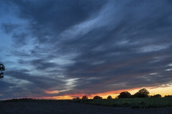 Red blue evening sky, Othenstorf, Mecklenburg-Western Pomerania, Germany