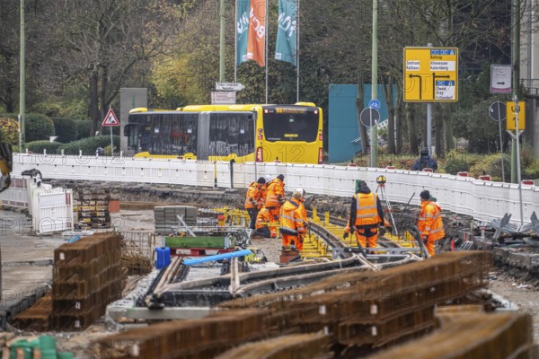 Large-scale construction site in the city center of Essen, Herkulesstraße, the construction of new tracks for the new Stadtbahn-Essen, a new tram line in the city center that will connect the west of the city with the new Essen-51 district, North Rhine-Westphalia, Germany
