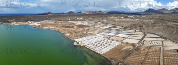Salt mining plant, Salinas de Janubio with green Laguna de Janubio, near Yaiza, aerial view, Lanzarote, Canary Islands, Spain