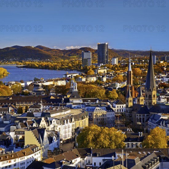 Autumn panoramic view from the town house of Bonn Minster, the Post Tower, the Rhine and the Siebengebirge, Bonn, North Rhine-Westphalia, Germany