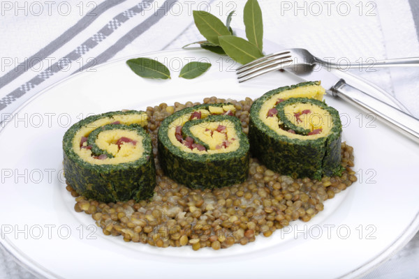 Southern German cuisine, polenta spinach roulade with alblentils served on serving platter, bay leaves, lentil vegetables, smoked meat, bacon cubes, healthy, food photography, studio, Germany