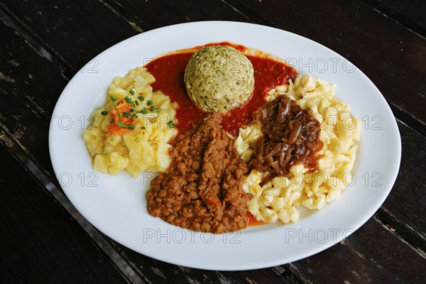 Swabian cuisine, potato salad with flavored onions, spätzle, knöpfle, dumplings with tomato sauce, vegetarian, plate, main course served on plate, grandmother's cuisine, regional, home cooking, typical Swabian, traditional cuisine, food photography, Germany
