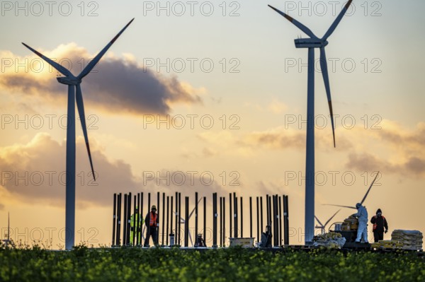 Construction site of the new Bedburg 3 wind farm, on recultivated open-cast mining site, 9 wind power plants with an output of 60 megawatts are being built, finished foundation on which the wind turbine tower is then built, operated by RWE and the city of Bedburg, North Rhine-Westphalia, Germany