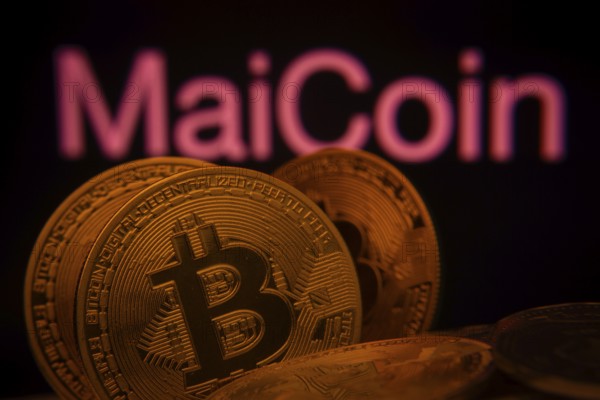 Dhaka, Bangladesh- 03 Sep 2025: Close-up of Bitcoin coins with the MaiCoin logo visible on a screen in the background
