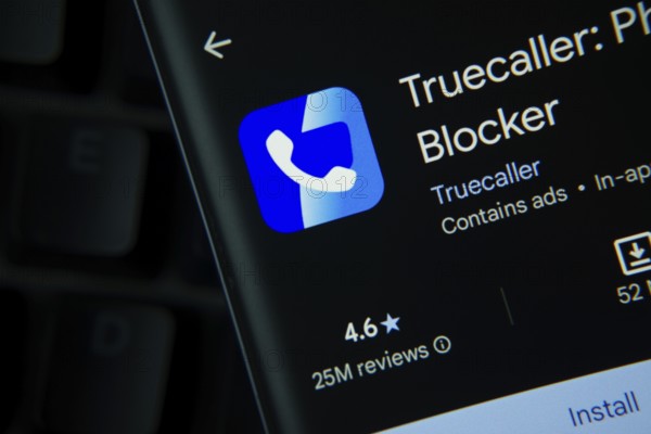 Dhaka, Bangladesh- 27 July 2025: Truecaller app from Google Playstore is displayed on a smartphone screen