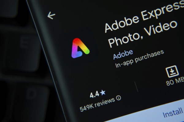 Dhaka, Bangladesh- 27 July 2025: Adobe Express app from Google Playstore is displayed on a smartphone screen