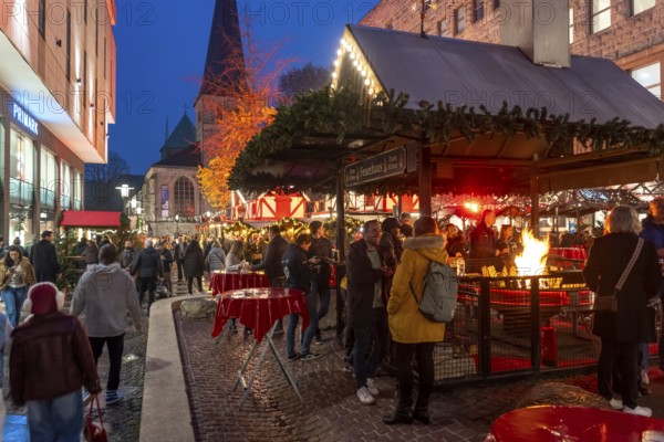 Christmas market in Essen, gastronomy, fire forest, at Essen Cathedral, Kettwiger Straße shopping street, pedestrian zone, full, lots of people shopping, Christmas lights, Christmas market stalls, Essen Light Weeks, Essen, North Rhine-Westphalia, Germany