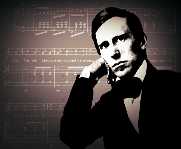 Portrait of Stephen Collins Foster with the sheet music of his minstrel song A soldier in the colored brigade, digitally edited