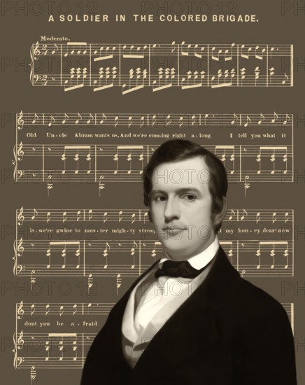 Portrait of Stephen Collins Foster with the sheet music of his minstrel song A soldier in the colored brigade, digitally edited