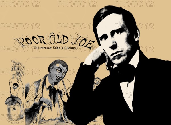 Portrait of Stephen Collins Foster with the cover of his minstrel song Poor old Joe, digitally edited