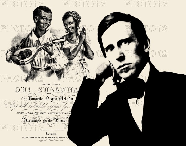 Portrait of Stephen Collins Foster with the cover of his minstrel song Oh! Susanna, digitally edited