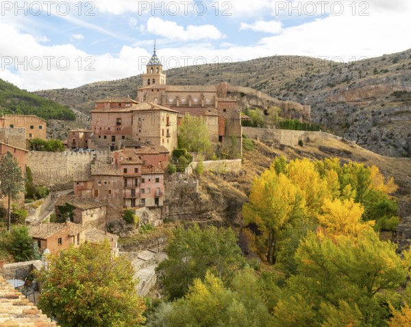 Historic buildings on hillside medieval village of Albarracin, Teruel province, Aragon, Spain