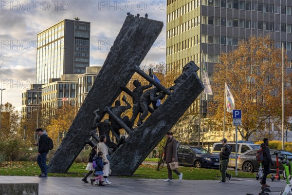 Downtown Essen, Miners' Monument Steile Lagerung, am Europaplatz, high-rise office buildings, at the main train station, North Rhine-Westphalia, Germany