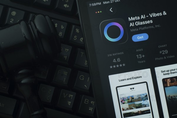 Dhaka, Bangladesh- 28 Oct 2025: An iPad displaying the Meta Ai app against a judge's gavel and dark keyboard background