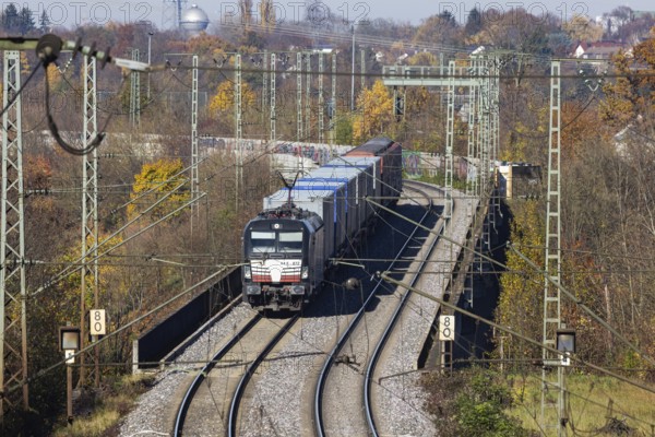 Freight train on the so-called Schusterbahn, a bypass of Stuttgart Central Station. Stuttgart, Baden-Württemberg, Germany