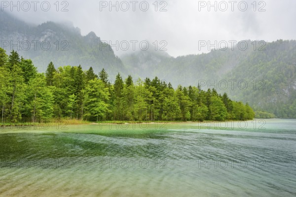 Landscape of Lake Offensee on a rainy day in spring, Salzkammergut, Austria