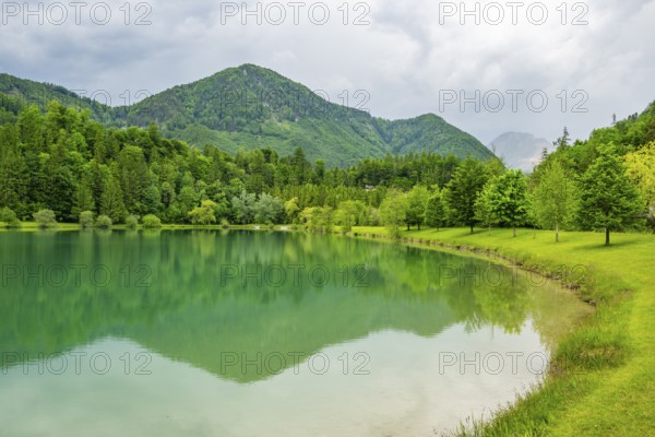 Landscape of Lake Elisabethsee on a rainy day in spring, Austria