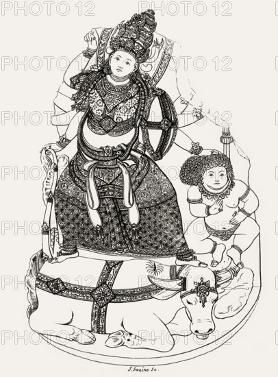 Hindu Warrior goddess Durga slaying Mahishasura the buffalo demon, important goddess in Hinduism, regarded as a principal aspect of the supreme goddess, figure from the 9th Century, Java, Indonesia, Asia