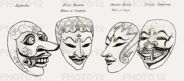 Javanese Topeng masks, 1817, from History of Java by Sir Thomas Stamford Bingley Raffles, 1781 – 1826, British colonial official, governor of Java, Indonesia, Asia, digitally optimized