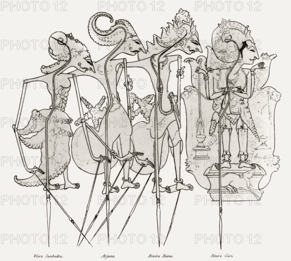 Wayang figures, traditional Javanese form of puppet theatre, 1817, from History of Java by Sir Thomas Stamford Bingley Raffles, 1781 – 1826, British colonial official, governor of Java, Indonesia, Asia, digitally optimized