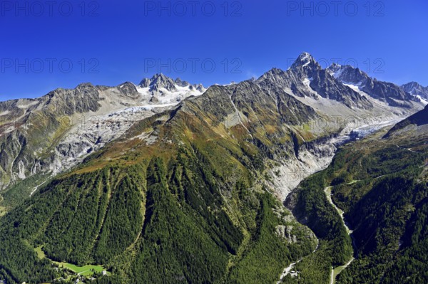 From left front Glacier du Tour back Aiguilles du Tour, right Aiguille du Chardonnet, in front foothills of the Argentière Glacier, Chamonix-Mont-Blanc, Haute-Savoie, France