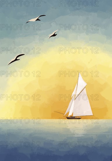 Saikling postcard, seascape background with sailing yacht on a calm sea on sunrise. Graphic arts template with copy space. Canvas texture applied