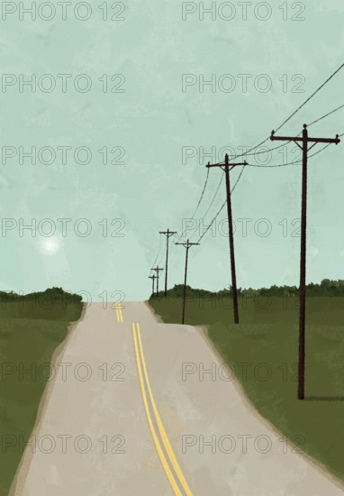 Postcard template with a country road, wooden poles. Copy space graphic template with canvas texture
