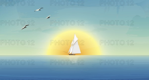 Sailing ship and seagulls in the morning sun on a calm sea. Vector background
