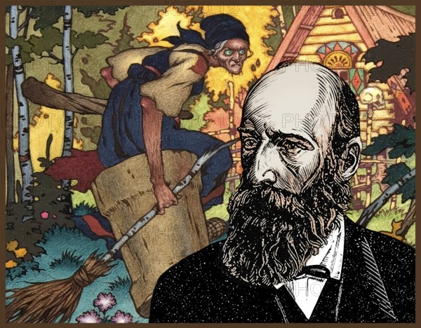 Portrait of Alexander Nikolayevich Afanasyev, 1826 – 1871, Russian Slavist, folklorist, literary critic and ethnographer, best known for publishing East Slavic and Russian fairy and folk tales, illustration by Boris Wassiljewitsch Sworykin, Wassilissa or Vasilisa the Beautiful, a Russian fairy tale collected by Alexander Afanasyev in Narodnye russkie skazki