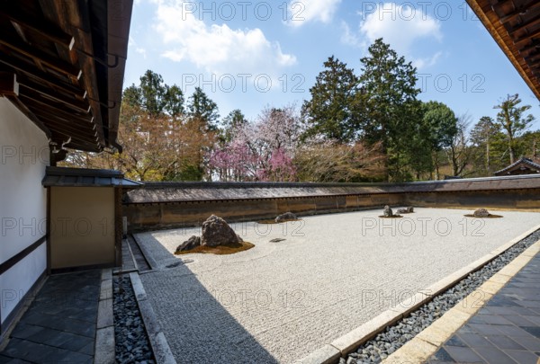 Kare-san-sui Japanese rock garden, Hojo Teien in Ryoan-ji, Zen Buddhist temple complex, in spring, Kyoto, Japan