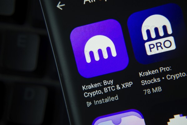 Dhaka, Bangladesh- 27 July 2025: Kraken and Kraken Pro app from Google Playstore is displayed on a smartphone screen