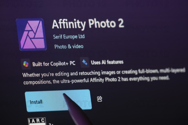 Dhaka, Bangladesh- 19 Sep 2025: A close-up of the Affinity Photo 2 app from the Microsoft Store is shown on a laptop screen
