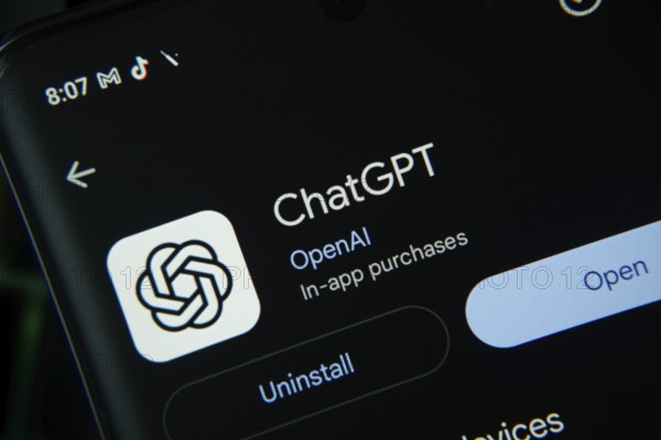 Dhaka, Bangladesh- 27 July 2025: Screen displaying ChatGPT app with open and uninstall options, dark interface