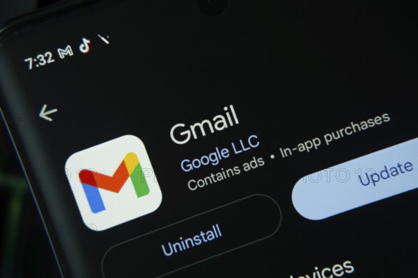 Dhaka, Bangladesh- 27 July 2025: Screen displaying Gmail app with update and uninstall options, dark interface