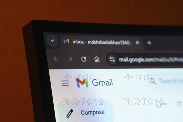 Dhaka, Bangladesh- 02 June 2025: Close-up of a computer screen displaying the Gmail web interface in dark mode