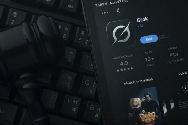 Dhaka, Bangladesh- 28 Oct 2025: An iPad displaying the Grok Ai app against a judge's gavel and dark keyboard background