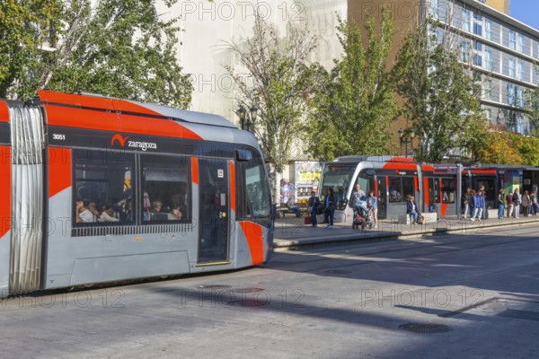 Light rail tram city public transport system CAF Urbos 3 trams, Tranvía de Zaragoza, Zaragoza, Aragon Spain