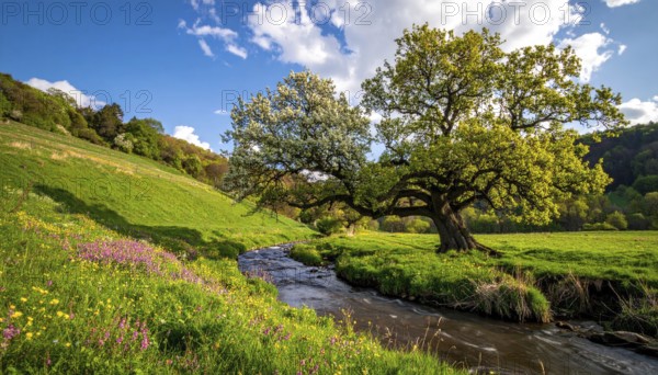 A serene landscape featuring a large tree by a stream at sunset with vibrant green grass and blooming flowers, spring landscape, the oak branch of nature, clear blue sky, idyllic atmosphere with green grass meadow, hills in the calm nature, AI generated