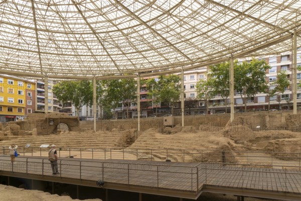 Covered ruins of Roman theatre amphitheatre, Zaragoza, Aragon, Spain