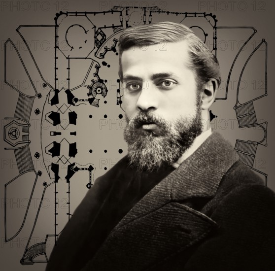 Portrait of Antoni Gaudí i Cornet, 1852 – 1926, Catalan architect and designer from Spain, the greatest exponent of Catalan Modernisme, Floor plan of the Basílica i Temple Expiatori de la Sagrada Família, known as Sagrada Família, Barcelona, Catalonia, Spain, digitally optimized