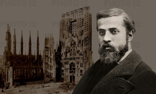 Portrait of Antoni Gaudí i Cornet, 1852 – 1926, Catalan architect and designer from Spain, the greatest exponent of Catalan Modernisme, Construction site of the Basílica i Temple Expiatori de la Sagrada Família, known as Sagrada Família, 1908, Barcelona, Catalonia, Spain, digitally edited