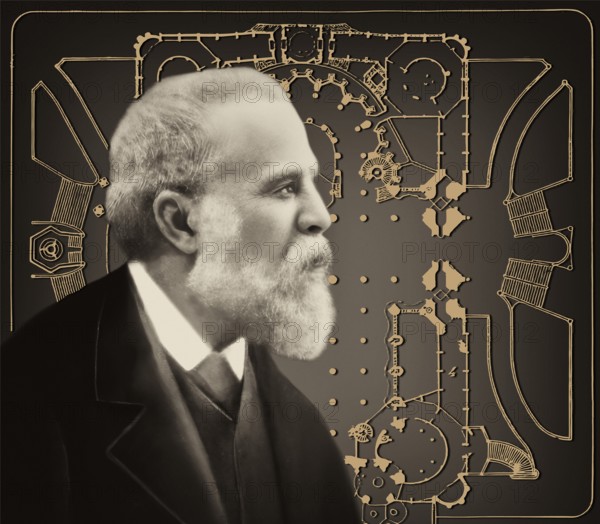 Portrait of Antoni Gaudí i Cornet, 1852 – 1926, Catalan architect and designer from Spain, the greatest exponent of Catalan Modernisme, Floor plan of the Basílica i Temple Expiatori de la Sagrada Família, known as Sagrada Família, Barcelona, Catalonia, Spain, digitally edited