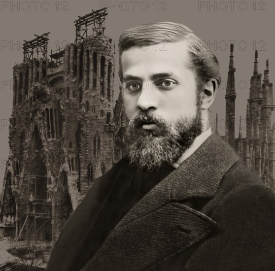 Portrait of Antoni Gaudí i Cornet, 1852 – 1926, Catalan architect and designer from Spain, the greatest exponent of Catalan Modernisme, Construction site of the Basílica i Temple Expiatori de la Sagrada Família, known as Sagrada Família, 1908, Barcelona, Catalonia, Spain, digitally optimized
