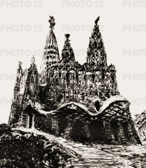 Architectural study of the Church of Colònia Güell, Cripta de la Colònia Güell, Santa Coloma de Cervelló near Barcelona, Catalonia, Spain, digitally optimized based on an unfinished work by Antoni Gaudí, Catalan architect and designer from Spain, the greatest exponent of Catalan Modernisme, digitally optimized