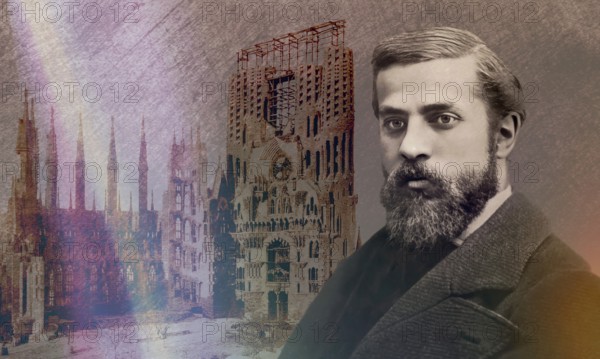 Portrait of Antoni Gaudí i Cornet, 1852 – 1926, Catalan architect and designer from Spain, the greatest exponent of Catalan Modernisme, Construction site of the Basílica i Temple Expiatori de la Sagrada Família, known as Sagrada Família, 1908, Barcelona, Catalonia, Spain, digitally edited