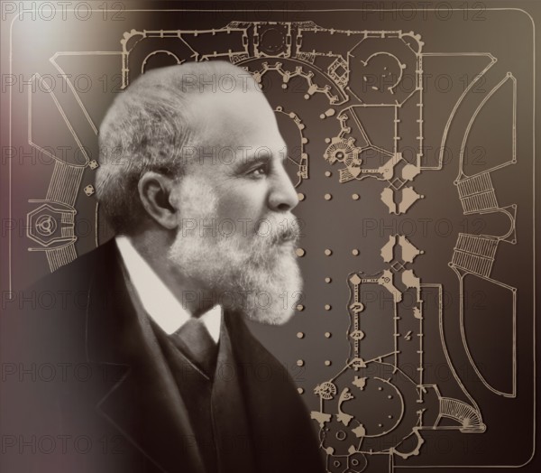 Portrait of Antoni Gaudí i Cornet, 1852 – 1926, Catalan architect and designer from Spain, the greatest exponent of Catalan Modernisme, Floor plan of the Basílica i Temple Expiatori de la Sagrada Família, known as Sagrada Família, Barcelona, Catalonia, Spain, digitally edited